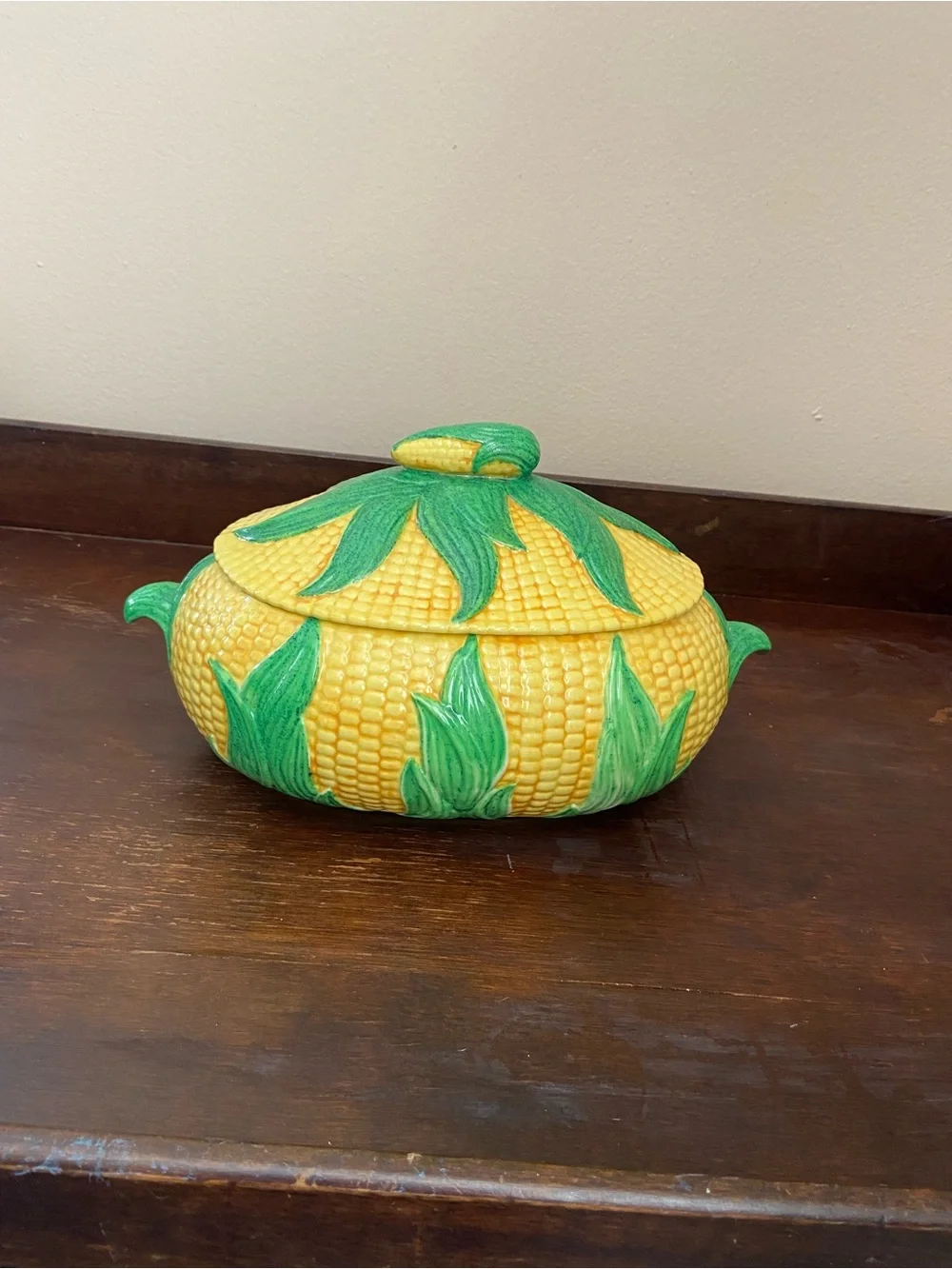 Corn-Shaped Ceramic Covered Dish in Yellow and Green